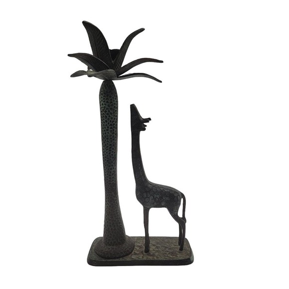 Vintage 15" Heavy Hammered Metal Giraffe Palm Tree‎ Candlestick Holder - Picture 1 of 8